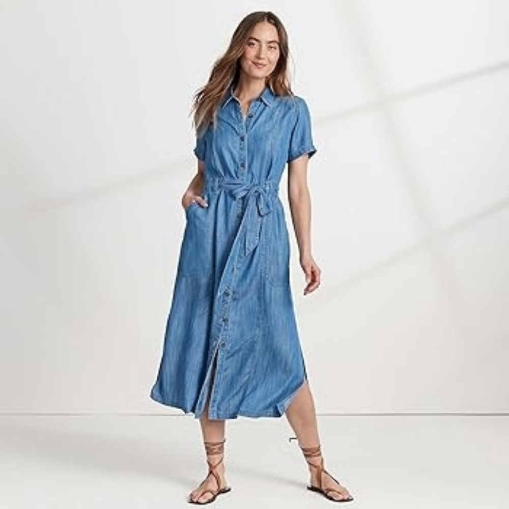 Women's Land's End Indigo TENCEL Button Front Midi Dress Size M (10-12)